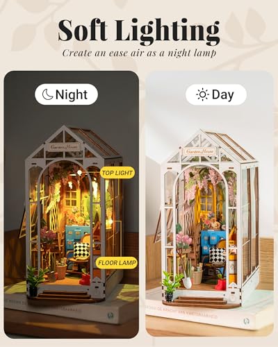 Rolife Book Nook Kit Wooden Bookcase 9.5" Garden House Miniature Kit with LED Decorative Bookends, 3D Puzzles for Adults Craft Hobby for Girls Boys Adults Rolife