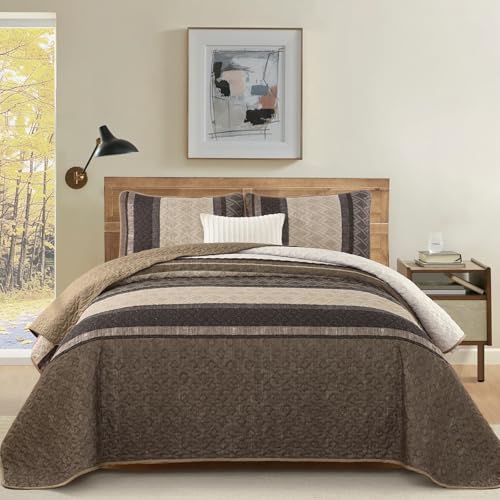 Dinjoy Queen Quilt Set Taupe, Striped Bedspread Queen Size Brown Bedding Sets 3 Pieces Micofiber Lightweight Quilts with 2 Pillow Shams Coverlet Bed Sets for Women Men 96''x90'' Dinjoy