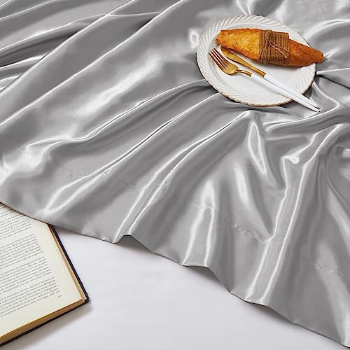 Ersmak Satin Flat Sheet Only, Single Flat Sheet King, Luxury & Ultra Soft Silky Bedding Top Sheet for King Mattress - Grey Ersmak