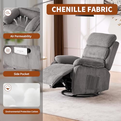 Seanrum Plush Premium Velvet 360° Swivel Rocker Recliner Chair - High Back Glider with Generous Footrest, Supportive Armrests & Side Pocket for Nursery, Living Room & Small Spaces Grey