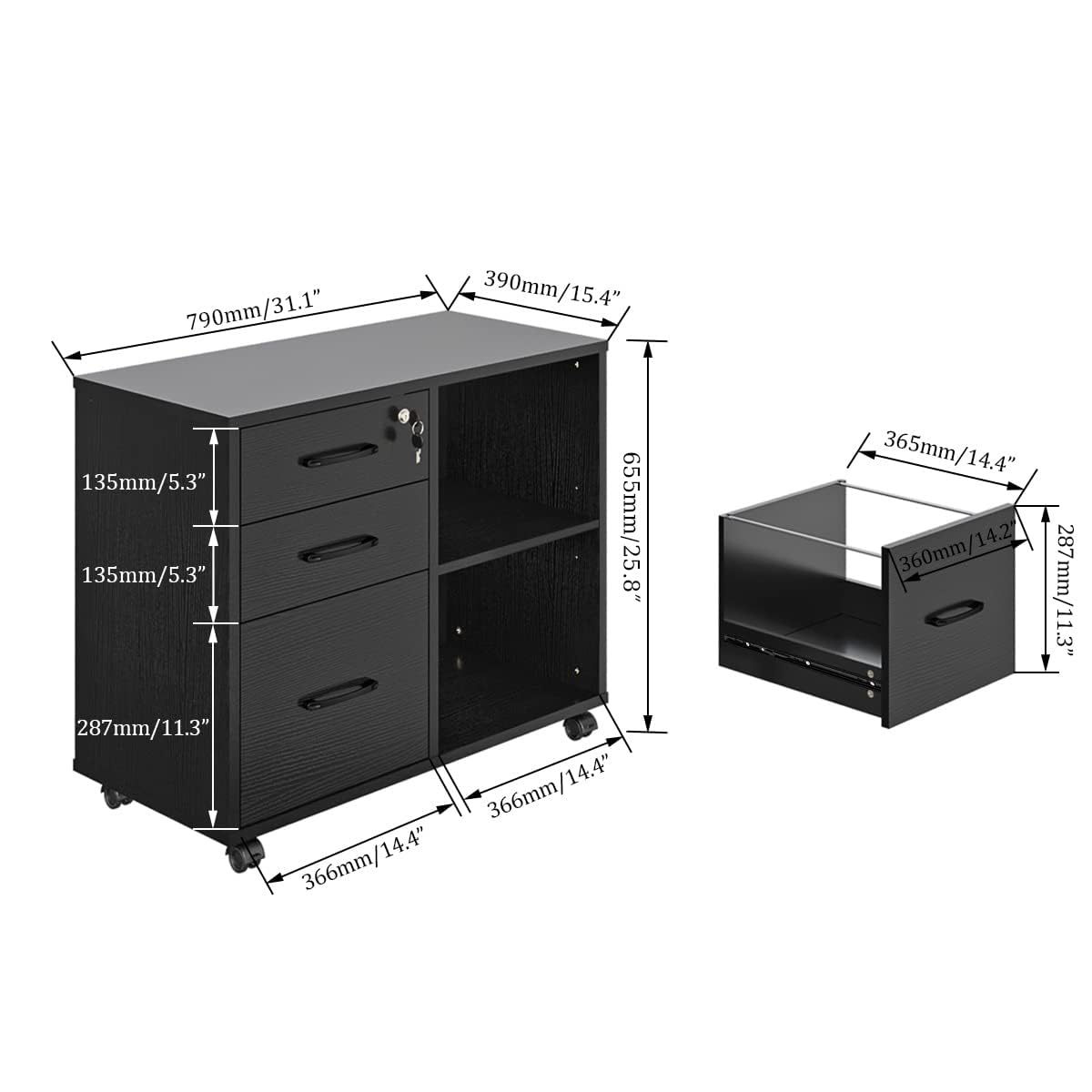 3 Drawer Office File Cabinets, Mobile Lateral Printer Stand with Open Storage Shelf, Rolling Filing Cabinet with Wheels Home Office Organization and Storage (Black) Panana