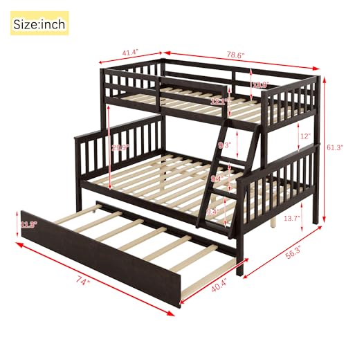 PVWIIK Twin Over Full Bunk Bed with Trundle & Ladder & Safety Guardrail,Convertible to 2 Separated Bed for Kids Adults Teens Bedroom Dormitory,Solid Wood Bunk Bed,Easy Assembly, Espresso PVWIIK