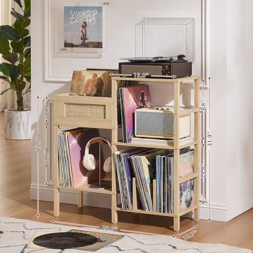 LELELINKY Record Player Stand, Natural Oak Wood Record Holder with Vinyl Storage Holds up to 300+ Albums, 3-Tier Rattan Media Table with Vinyl Display Shelf, Record Storage Cabinet for Living Room LELELINKY