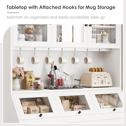 HIFIT 71.4” H Kitchen Pantry Storage Cabinet, Farmhouse Tall Pantry Cabinet with 3 Bread Storage Containers and Cable Hole, 47.2” Wide Kitchen Hutch with 7 Metal Hooks and Glass Doors, White HIFIT