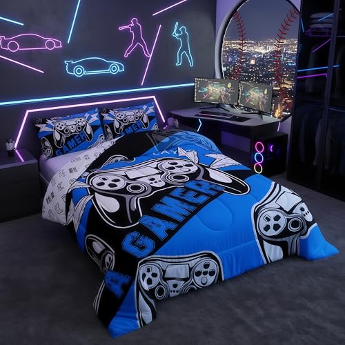 Erosebridal Twin Comforter Set for Boys Girls Kids, Gamer Comforter Set for Boys Teens, Gaming Console Bedding Decor Blue Black 2Pcs Erosebridal