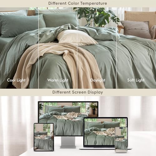 MooMee Bedding Duvet Cover Set 100% Washed Cotton Linen Like Textured Breathable Durable Soft Comfy (Heathered Green, King 104"x90") MooMee