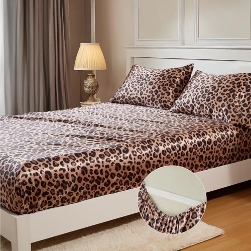 MR&HM Satin Fitted Sheet Twin XL Size, Silky Bottom Sheet with Elastic Corner Straps, Deep Pocket up to 15 Inch, No More Slipping Off for Mattress - 1 Fitted Sheet Only (Brown Leopard) MR&HM