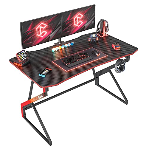 CubiCubi Simple Gaming Desk Z Shaped 47 inch Gamer Workstation, Home Computer Carbon Fiber Surface Gaming Desk PC Table with Headphone Hook CubiCubi