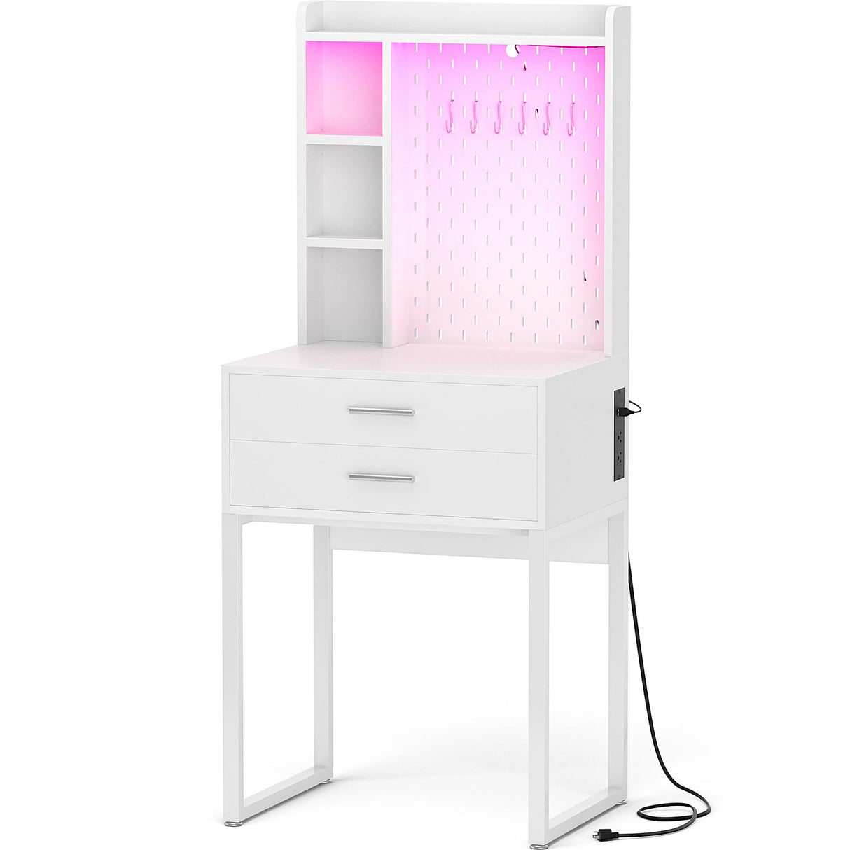 Besiost Small Vanity Desk with Hutch and Drawers, White Makeup Vanity Desk with Charging Station, Vanity Table Dressing Table with LED Lights, Vanity Desk No Mirror with Pegboard for Girls Women, 24" Besiost