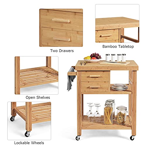 PETSITE Bamboo Kitchen Island Cart, Butcher Block Table on Wheels with Drawers, Shelves, Towel Rack PETSITE