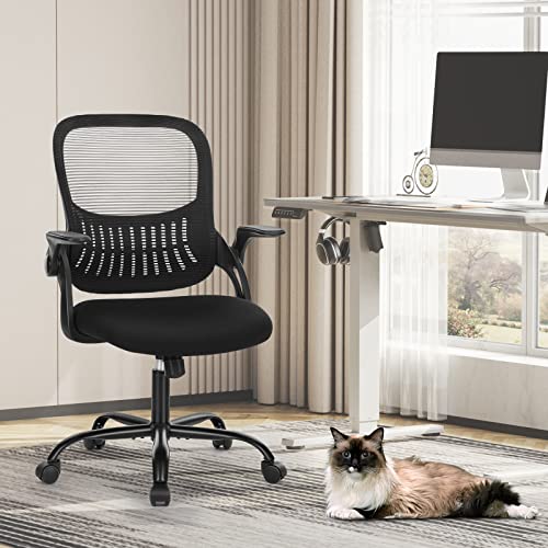 Sweetcrispy Office Computer Desk Chair, Ergonomic Mid-Back Mesh Rolling Work Swivel Task Chairs with Wheels, Comfortable Lumbar Support, Comfy Flip-up Arms for Home, Bedroom, Study, Student, Black Sweetcrispy