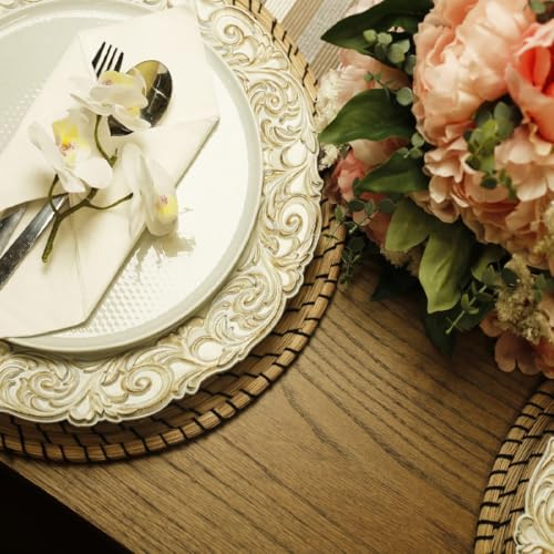 Umisriro Antique Charger Plates, 13 Inch White Dinner Plate Chargers Round Server Ware. Set of 6 Plastic Embossed Charger for Dinner, Party, Wedding, Elegant Tableware Decoration. (White) Umisriro