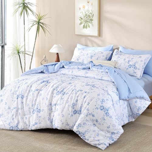 Luxudecor Floral King Comforter Set 7 Pieces Bed in a Bag, Blue Rose Romantic Flower Bed Set, Soft Reversible Comforter with Sheet Set 104"x90" Luxudecor