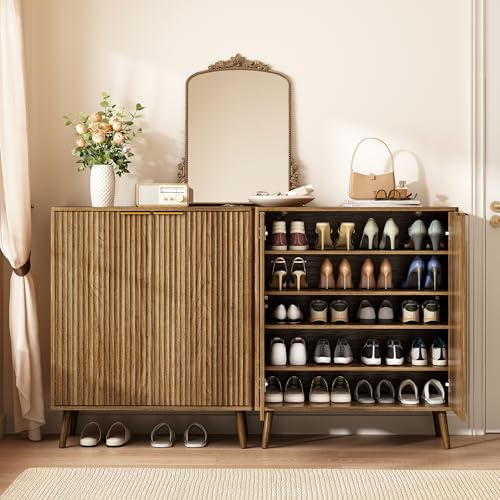 Sscaktu Fluted Shoe Cabinet with Doors, 5-Tier Shoe Storage Cabinet with Adjustable Shelves, Wooden Freestanding Shoe Organizer Shoe Cabinet for Entryway,Hallway,Living Room, Natural Oak Sscaktu