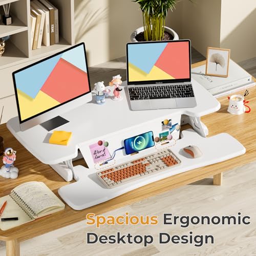 JOY worker Standing Desk Converter, 35" Height Adjustable Sit Stand Up Desk Riser with Keyboard Tray & 6 Fridge Magnets, Desktop Workstation Riser for Home Office Computer Laptop, White JOY worker