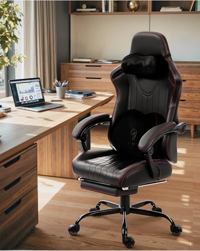 Dowinx Gaming Video Gaming Chair with Shiatsu Neck Massage and Lumbar Support for Home Office High Back Recliner Height Adjustable Ergonomic Comfy Leather Computer Desk Chair (Black) Dowinx