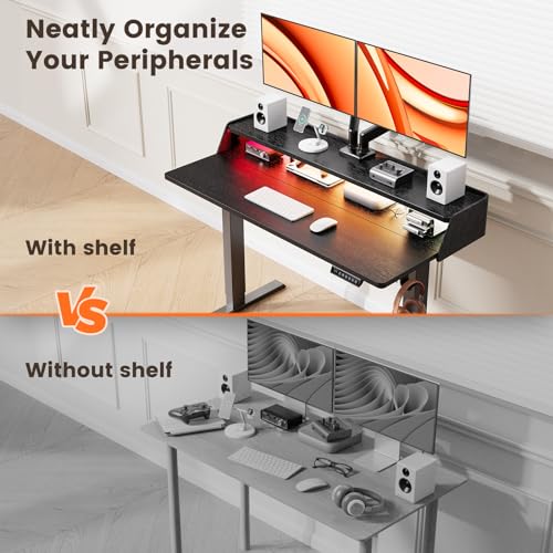 ErGear Standing Desk with LED Strip, 48″ x24″ Electric Height Adjustable RGB Gaming Desk with Shelf, Sit Stand Desk with Dual Cable Holes, C-Clamp Mount Compatible, 4 Preset Heights, Black ErGear