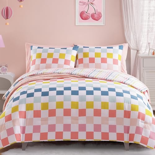 Wink Deer Twin Comforter Set for Girls-5 Pieces Colorful Check Twin Bedding Sets for Kids, Ultra Soft Bed in A Bag with Sheets Wink Deer