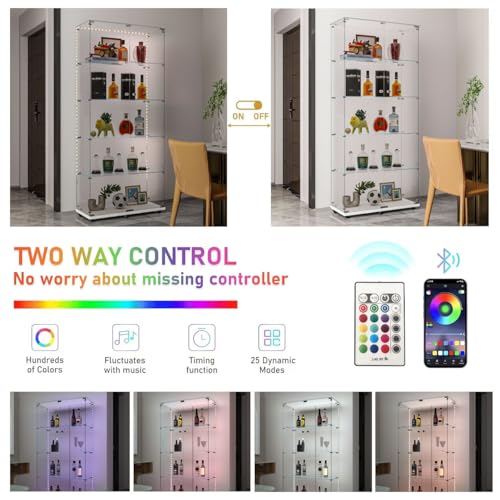 TRJQBCC 74" H Tempered Glass Display Cabinet with LED Lights, 5-Shelf Wooden Curio Storage Cabinet with Tempered Glass Top & Casters, 2 Door Lockable Display Case Bookshelf for Living Room(White) TRJQBCC
