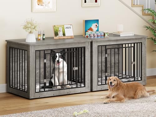 YITAHOME 76 Inch Double Dog Crate Furniture, XXL Dog Crate Furniture for 2 Dogs, Side End Table, Waterproof Top, Safety Corners, 2-in-1 Iron-Wood Fusion Dog Kennel Furniture for 2 Large Dogs,Greige YITAHOME