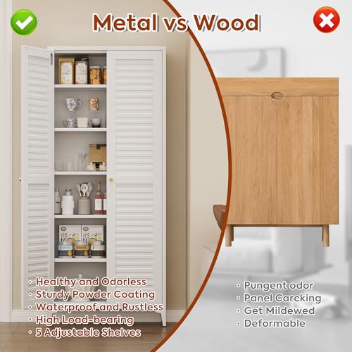 GangMei Metal Kitchen Pantry Cabinet with 2 Doors,Metal Pantry Cabinet with 5 Adjustable Shelves for Kitchen,Home,74.2" H × 31.5" W × 15.75" D,Required Assembly, White GangMei