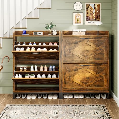 GRUSIGN Shoe Cabinet, Shoe Storage Cabinet with 2 Flip Drawers & Adjustable Shelf, Space-Saving Shoe Organizer – Holds 12+ Pairs, Narrow Shoe Cabinet Storage for Entryway/Hallway(Brown) GRUSIGN