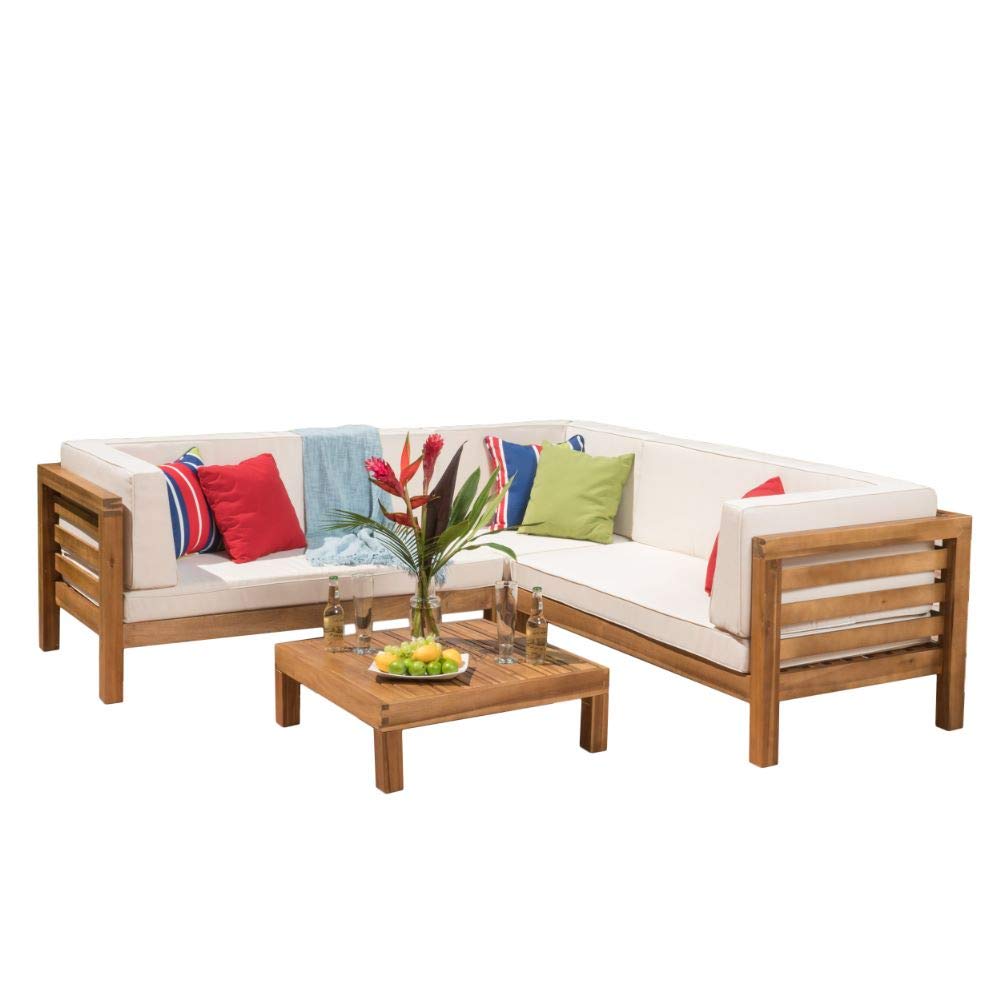 Christopher Knight Home Oana Outdoor Wooden Sectional Set with Cushions, 4-Pcs Set, Teak Finish / Beige GDFStudio