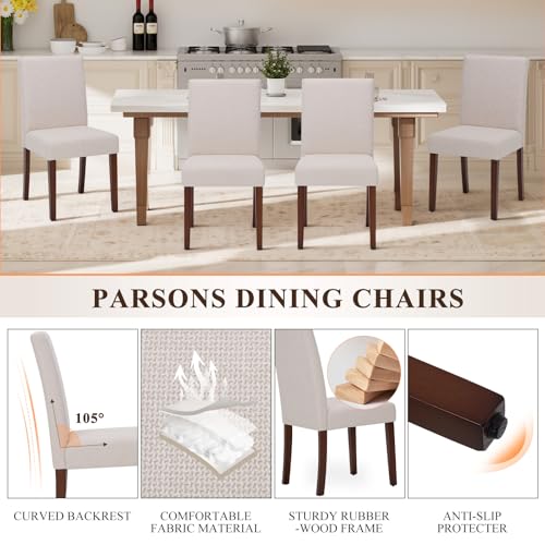 Upholstered Parsons Dining Chairs Set of 6, Modern Dining Room Chairs with Back, Fabric Kitchen Side Chairs with Wood Legs for Dinner Farmhouse Restaurant, Beige MALOL
