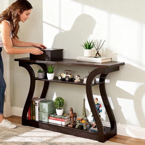SUPER DEAL Narrow Console Table, 3 Tier Entryway Table, Wood Sofa Table Decorative Hallway Table with Shelves, Curved Frame for Living Room Front Door Entrance, 47 in Espresso SUPER DEAL