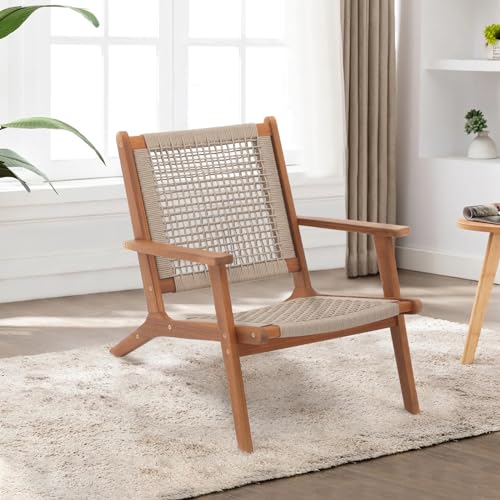 Verano Garden Set of 2 Patio Lounge Chair, Modern Acacia Wood Accent Armchair with Handwoven Rope for Patio,Living Room, Bedroom, Balcony (Beige)