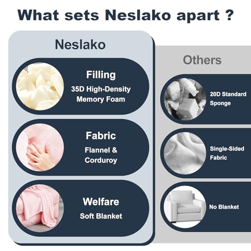 NESLAKO Folding Sofa Bed, Flannel Futon Couch Bed with Pillow and Blanket, Convertible Sleeper Chair for Living Room Bedroom, White NESLAKO