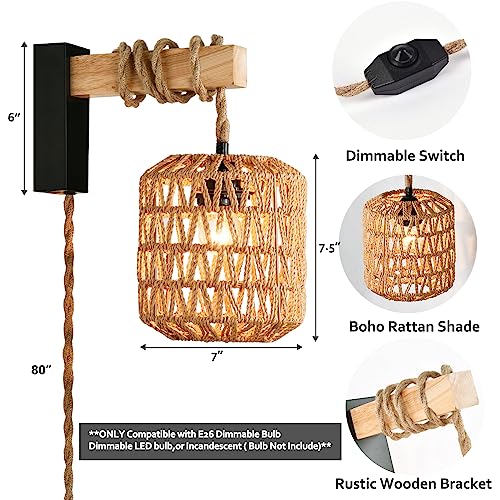 Capslad Plug in Wall Sconces Set of Two Dimmable Boho Rattan Wall Lamp with Wood Arm Rustic Wall Mount Lamp with Hemp Rope Cord Farmhouse Wall Light Fixture for Bedroom Living Room Hallway Entryway Capslpad