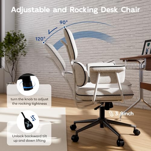 Fabric Office Chair with Granular Linen, Mid Back Vintage Desk Chair with Wheels and Wide Arms, Mid Century Modern Home Office Desk Chairs with Memory Foam Seat Cushion, Adjustable Height, White HomeZeer