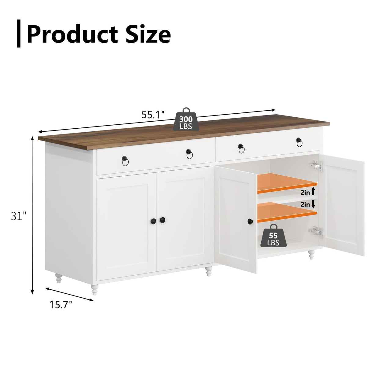 4 EVER WINNER Buffet Cabinet with Storage, 55" Sideboard Buffet Cabinet with 2 Drawers and 4 Doors, Modern Farmhouse Coffee Bar Cabinets, Wood Buffet Table for Kitchen, Dining Room, White 4 EVER WINNER