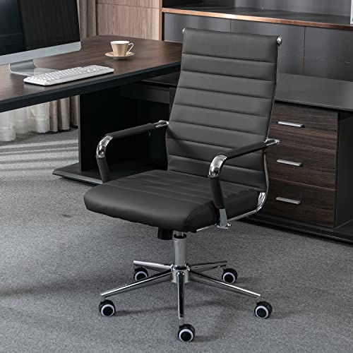 Okeysen Office Desk Chair, Ergonomic Leather Modern Conference Room Chairs, Executive Ribbed Height Adjustable Swivel Rolling Chair for Home Office. (Black) Lepdep