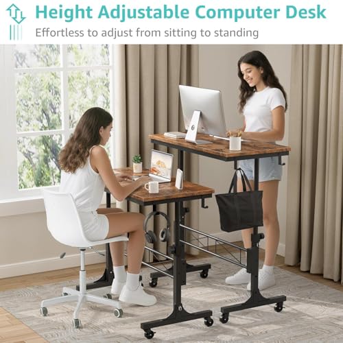 Small Portable Rolling Standing Desk - 32 Inch Adjustable Height Mobile Stand Up Desks with Wheels for Treadmill Walking Pad, Teacher Podium for Classroom, Couch Sofa Side Laptop Table, Rustic Brown WINAZ