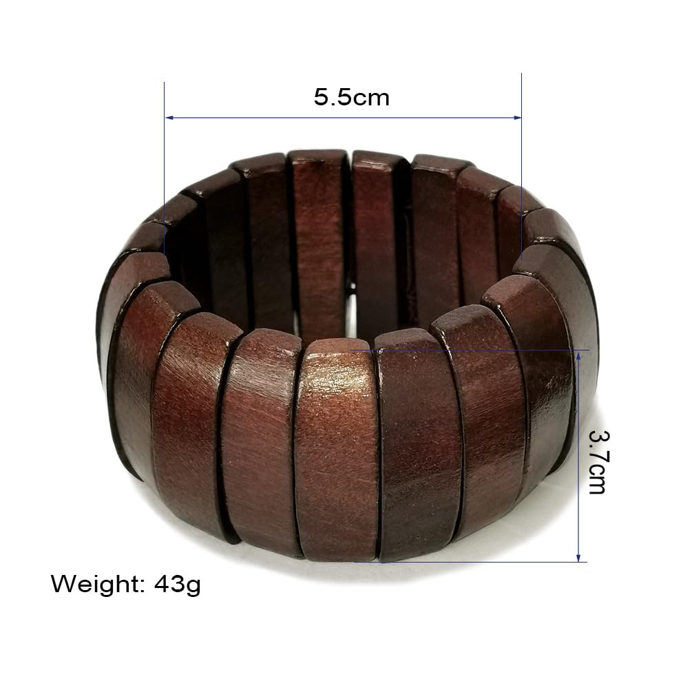 Multi-Colored Wooden Beads Stretch Bracelet Wide Chunky Bangle Bohemian Jewelry Wood Elastic Wristband for Women-Brown Caiyao