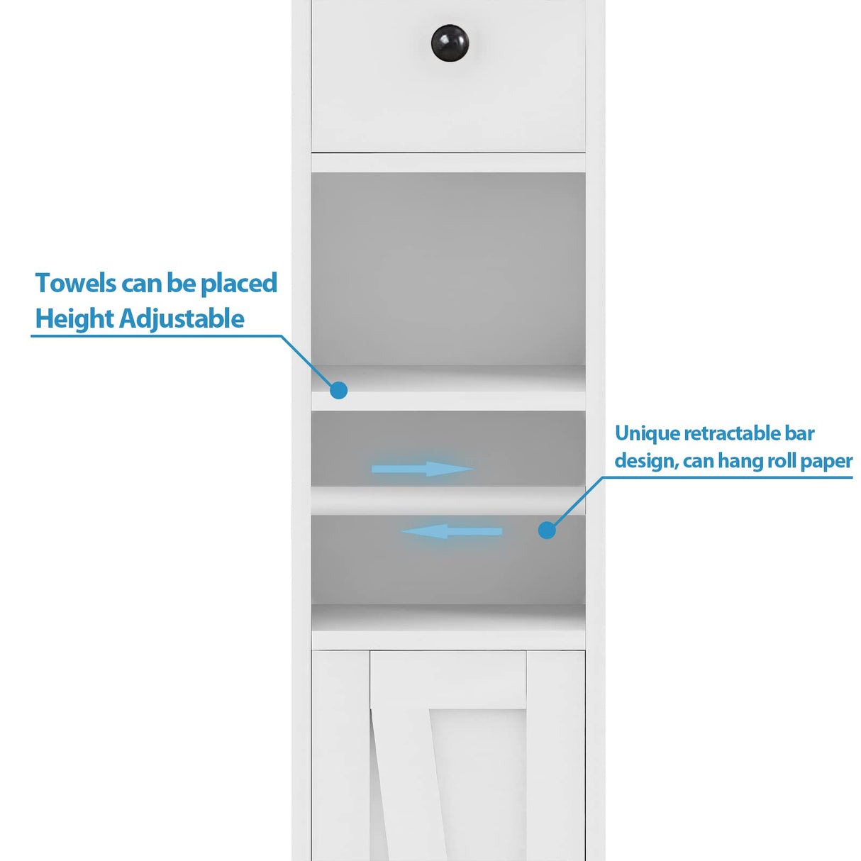 Bathroom Cabinet with Adjustable Shelf, Storage Cabinet for Small Space, Tall Cabinet with Retractable Toilet Paper Rod, Narrow Cabinet with 2 Doors, 8 Compartments (White) Maupvit