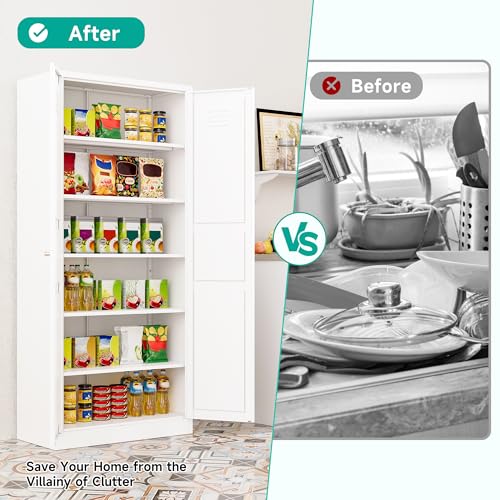 Pantry Cabinet,White Pantry Storage Cabinet,Metal Storage Cabinet with Doors and Shelves,Ventilated Tall Cupboard,Pantries,71"H Food Pantry Cabinet for Kitchen,Home,Office,Dining Room,Living Room SISESOL
