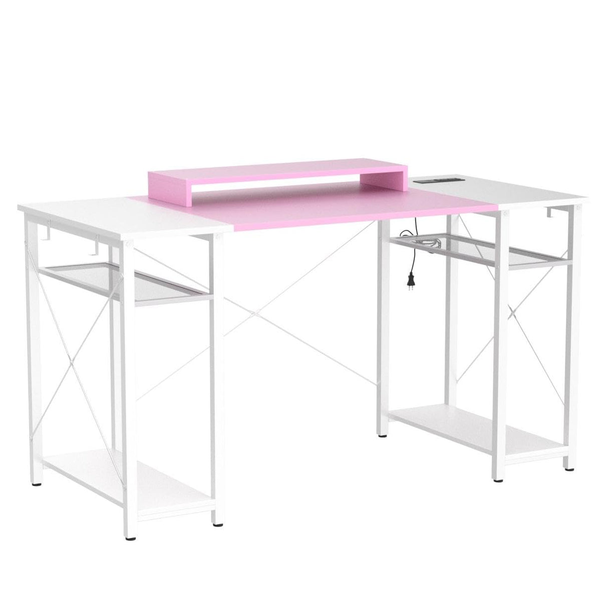 armocity Computer Desk with LED Lights, 55 Inch Desk with Power Outlet and USB, Reversible Large Desk with Moveable Monitor Stand, 55.2'' Gaming PC Table for Home Office, Workstation, Pink and White armocity