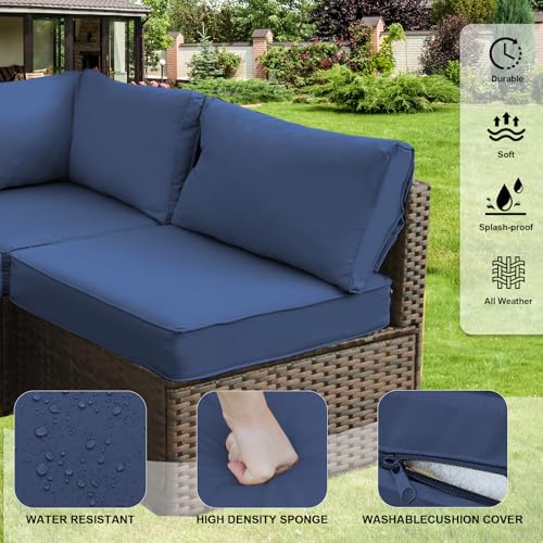 Grezone Patio Furniture Set,7 Piece Patio Furniture Set with Fire Pit Table,PE Wicker Rattan Sectional Sofa Patio Conversation Set with Thickened Cushions, Blue Grezone