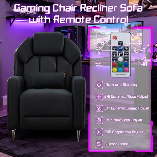SnyFivv Gaming Recliner Chair with LED Lights, Racing Style PU Leather Gaming Recliner for Adults, Ergonomic Push-Back Recliner with Lumbar Pillow, Home Theater Seating with Side Pockets, Black