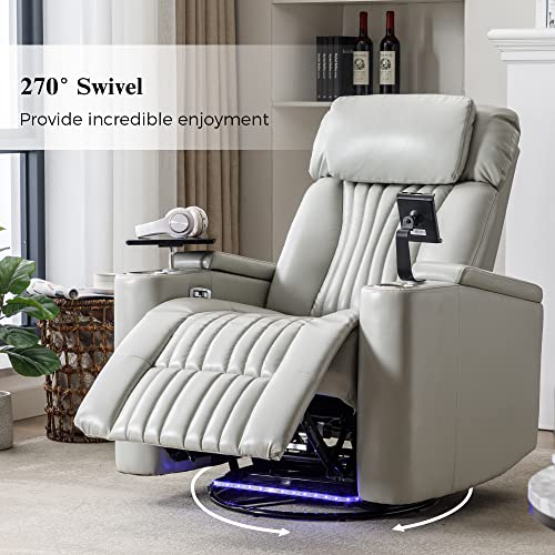 QKFF Power Swivel Glider Recliner for Nursery, Home Theater Seating with Hidden Arm Storage LED Light Strip Cup Holder Tray Table Cell Phone Holder for Living Room