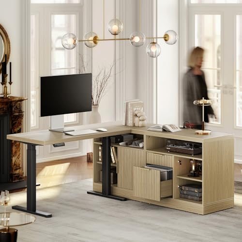 Perledesign Height Adjustable Electric Standing Desk, 67 x 24 Inches Sit Stand up Desk with 2 File Cabinets, AC/USB, 1.18" Desktop, L Shaped Fluted Computer Desk for Home and Office, Light Walnut Perledesign