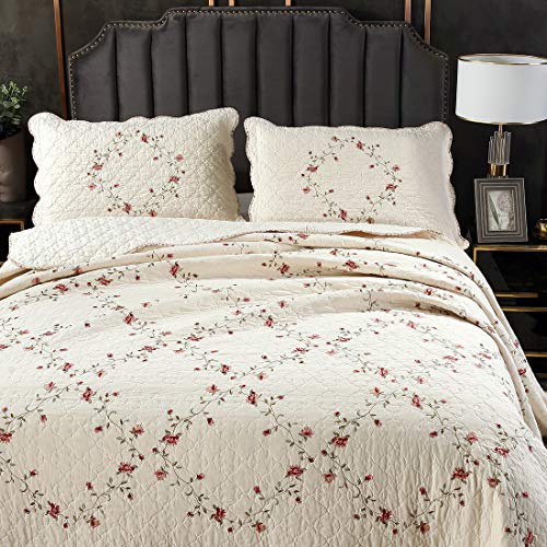 vctops 3-Piece Floral Embroidered Bedspread Coverlet Set 100% Cotton Reversible Patchwork 1 Quilt and 2 Pillow Shams Full/Queen, Flower vctops