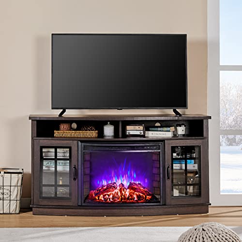 LUXOAK 59" Curved Fireplace TV Console, Entertainment Center Table with Open Shelves and Farmhouse Glass Door Media TV Cabinet Stand for TVs up to 65 LUXOAK