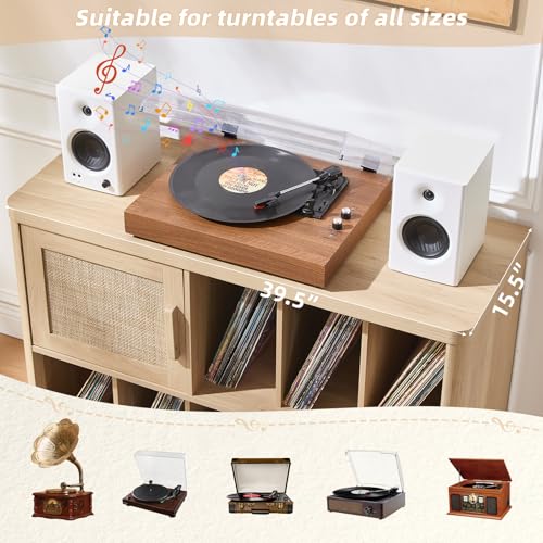 LEYAOYAO Large Record Player Stand with Vinyl Storage Up to 450 Albums, Wood Rattan Boho Record Storage Accent Cabinet, Modern Stereo Media Cabinets, Wide Turntable Stand for Living Room, Natural Oak LEYAOYAO