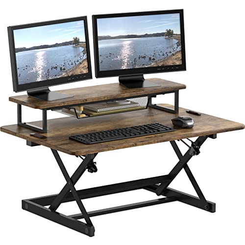 SHW 36-Inch Height Adjustable Standing Desk Converter Sit to Stand Riser Workstation, Rustic Brown SHW