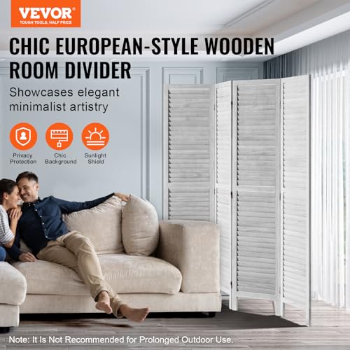 VEVOR Wood Room Divider, 4 Panel Folding Privacy Screen, 66.9 Inches Tall Indoor Wooden Partition, Portable Decoration Screen, for Room Separation, Home, Office, Restaurant & Bedroom (Light Grey) VEVOR