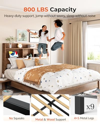 RAYROMAN Full Size Bed Frame with 2-Tier Storage Headboard, LED Lights, Charging Station, 2 Drawers, 800lbs Capacity, Wood & Metal Platform, Noise-Free, No Box Spring Needed, Barn Door Design RAYROMAN